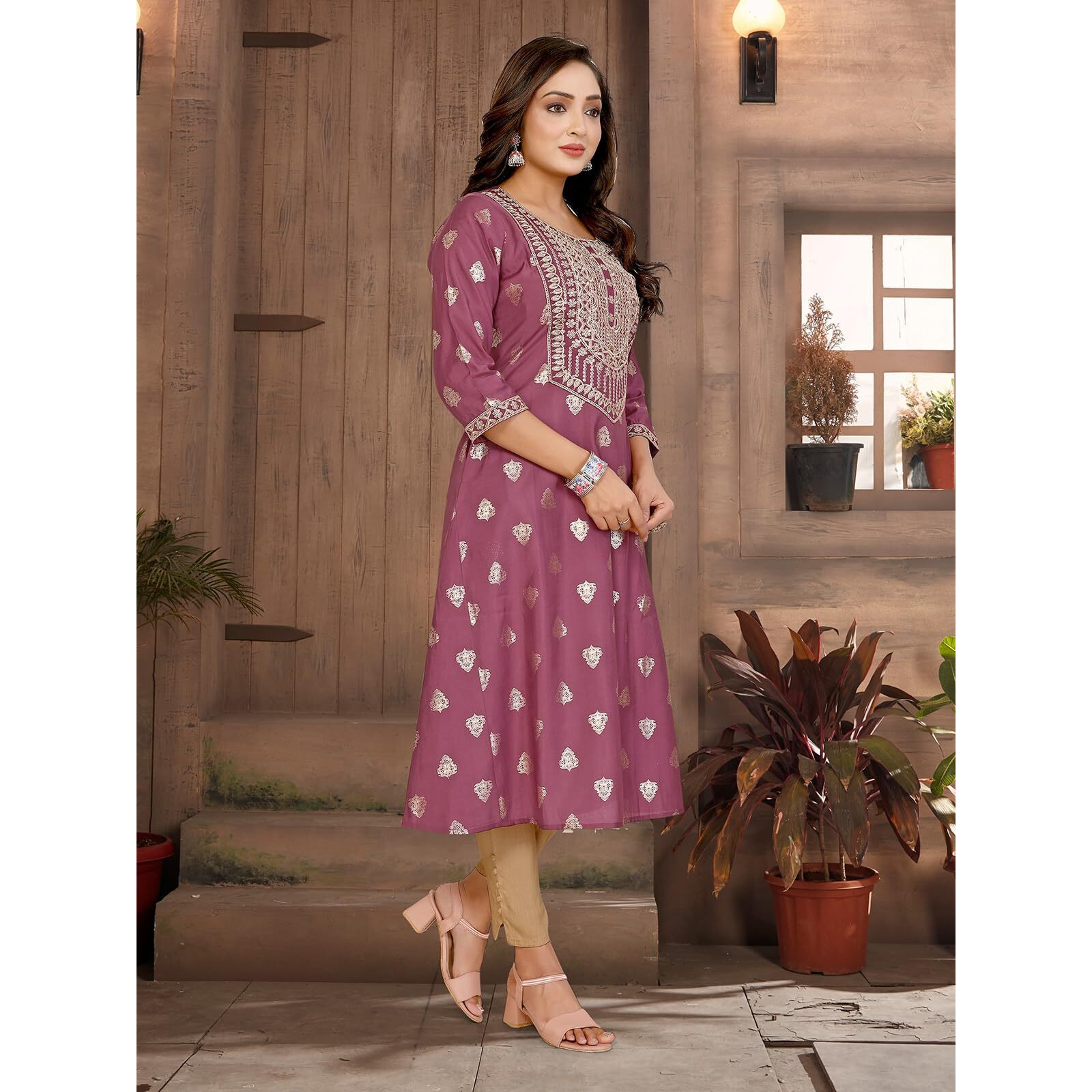 Rangita Mauve Viscose Blend A-Line Embroidered Calf Length Kurti | Kurta For Women_L