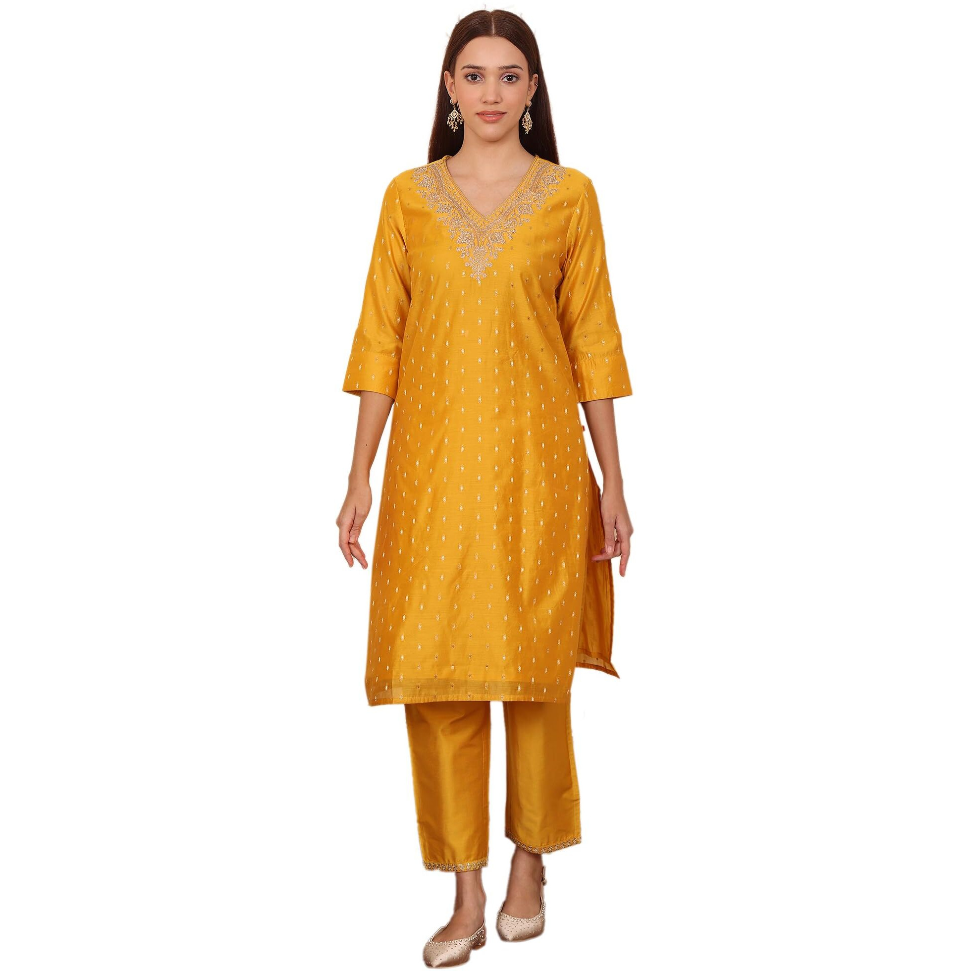 W For Woman Yellow Dori Embroidered Chanderi Straight Kurta (Size M)-24Auw12040-314102