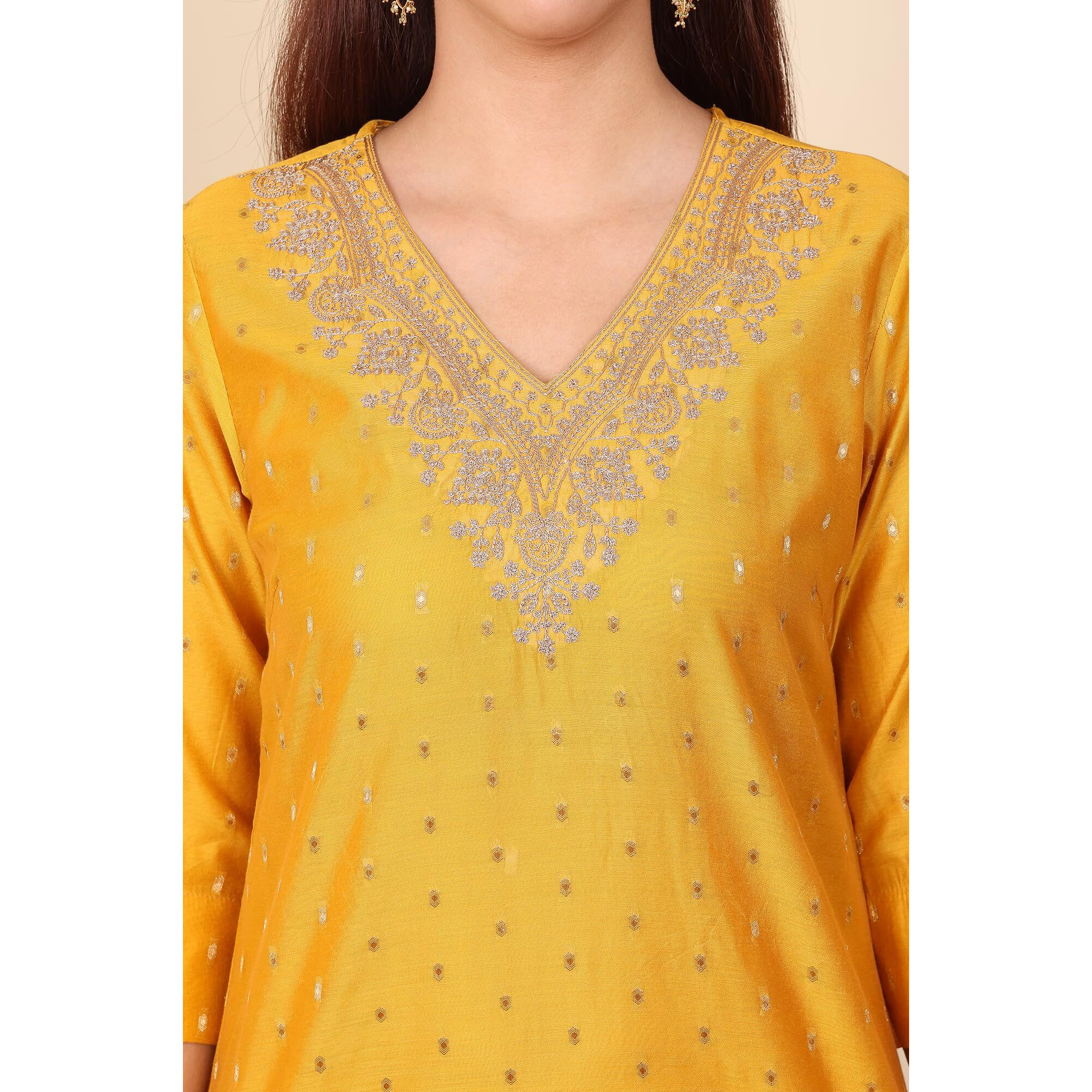 W For Woman Yellow Dori Embroidered Chanderi Straight Kurta (Size M)-24Auw12040-314102