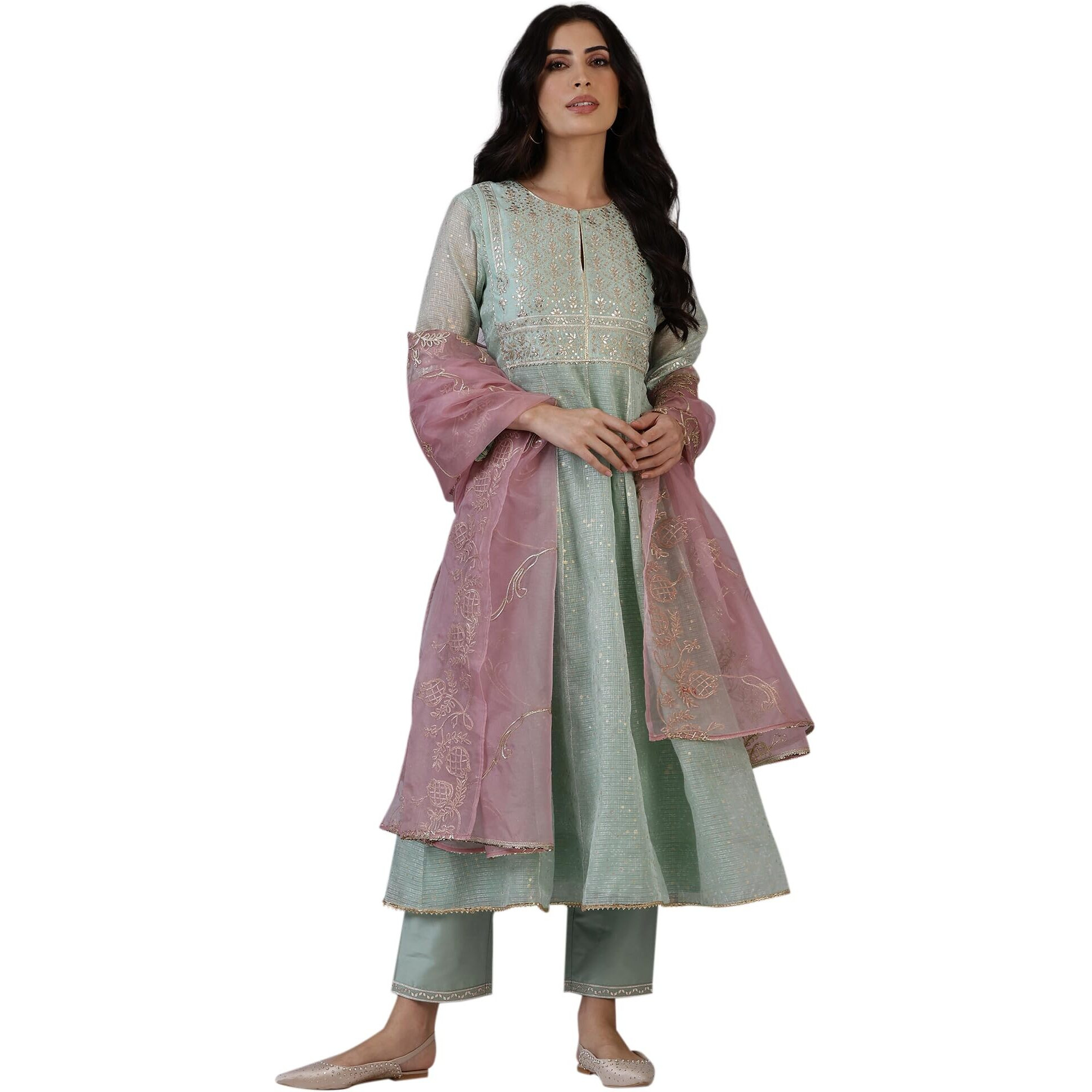 W For Woman Green Dot Printed Gota Patti Flared Kota Kurta, Pants And Dupatta Set_24Auws11706-124503_L