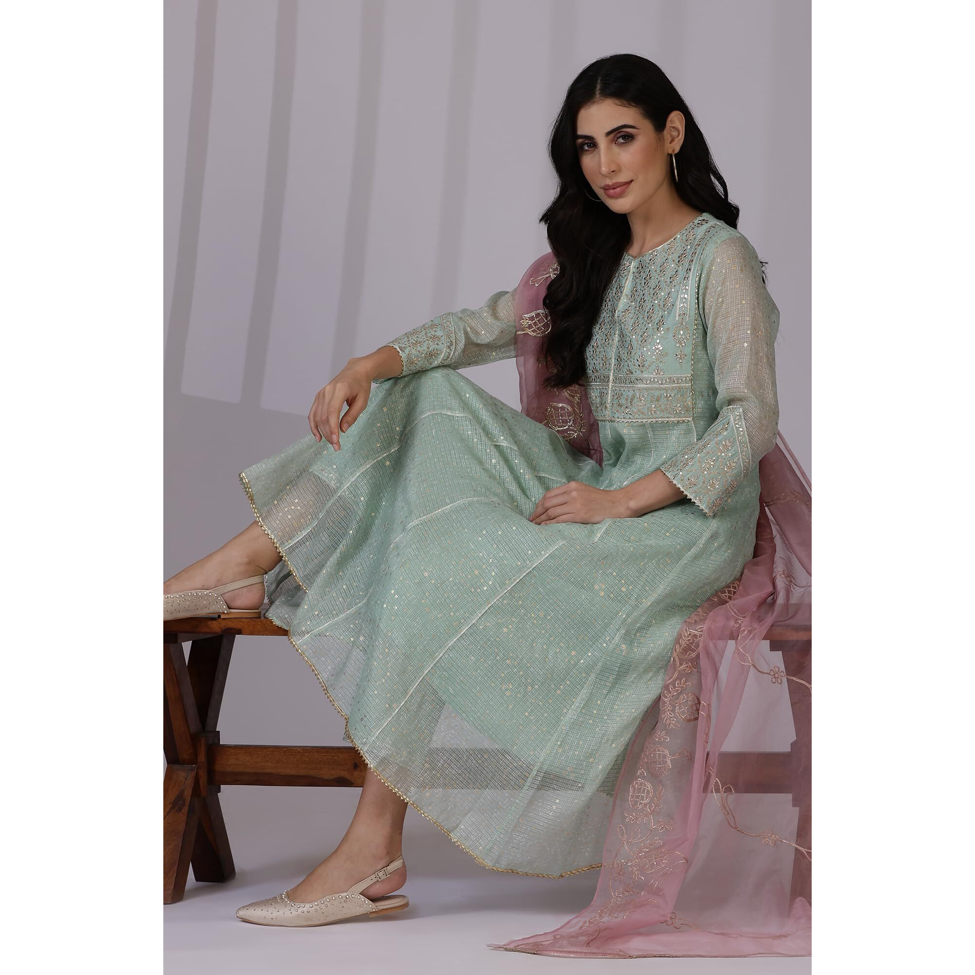 W For Woman Green Dot Printed Gota Patti Flared Kota Kurta, Pants And Dupatta Set_24Auws11706-124503_L