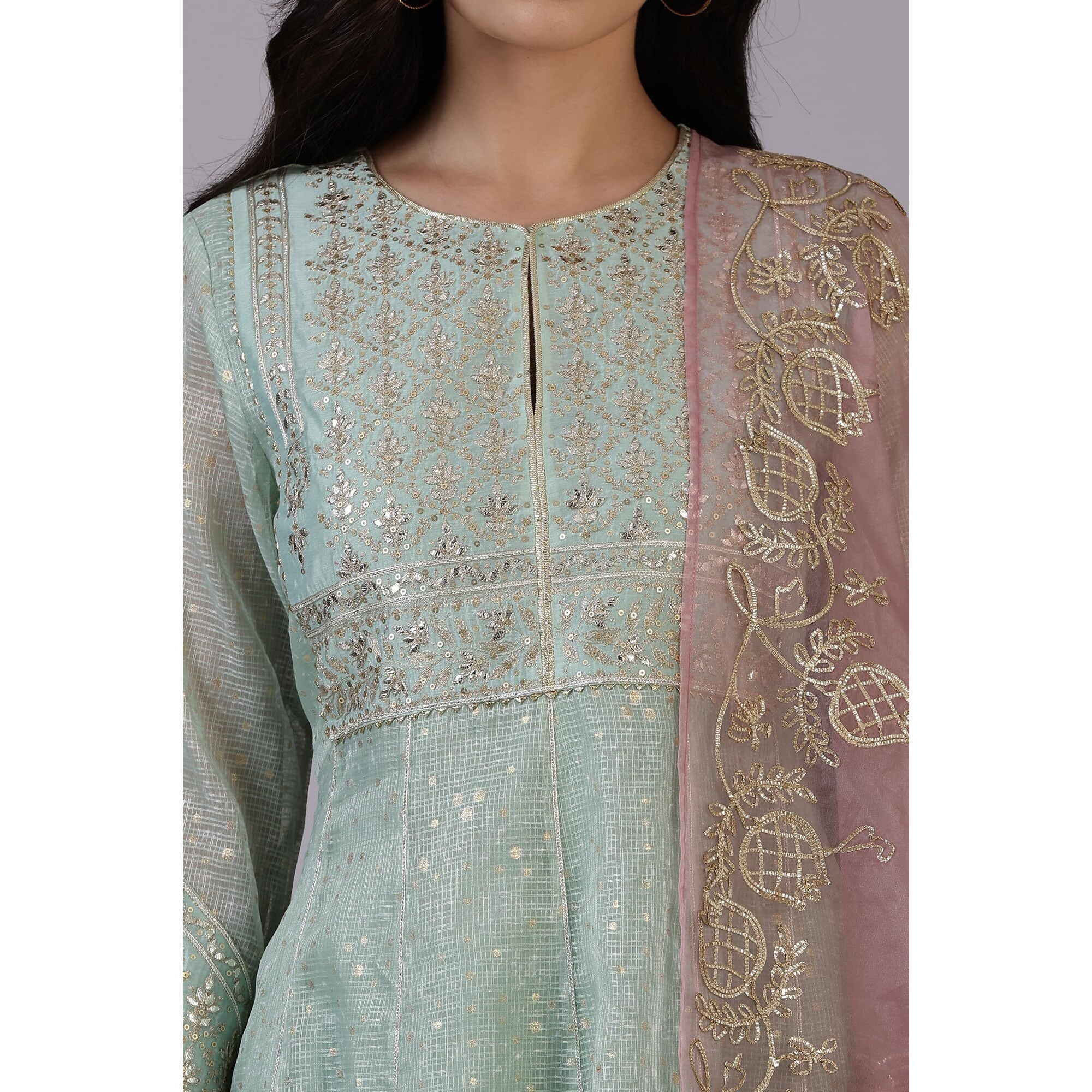 W For Woman Green Dot Printed Gota Patti Flared Kota Kurta, Pants And Dupatta Set_24Auws11706-124503_L