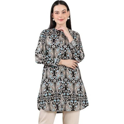 W For Woman Black Floral Printed Pure Cotton Shirt Collar Tunic (Size L)-24Few31100-123521