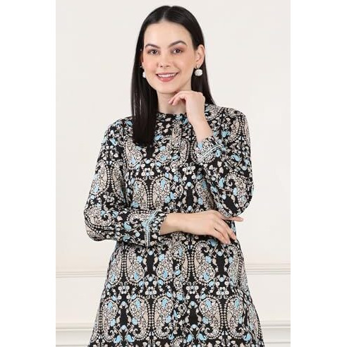 W For Woman Black Floral Printed Pure Cotton Shirt Collar Tunic (Size L)-24Few31100-123521