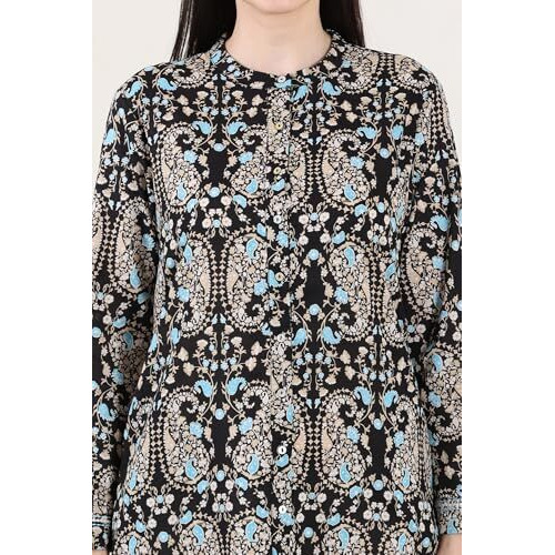 W For Woman Black Floral Printed Pure Cotton Shirt Collar Tunic (Size L)-24Few31100-123521