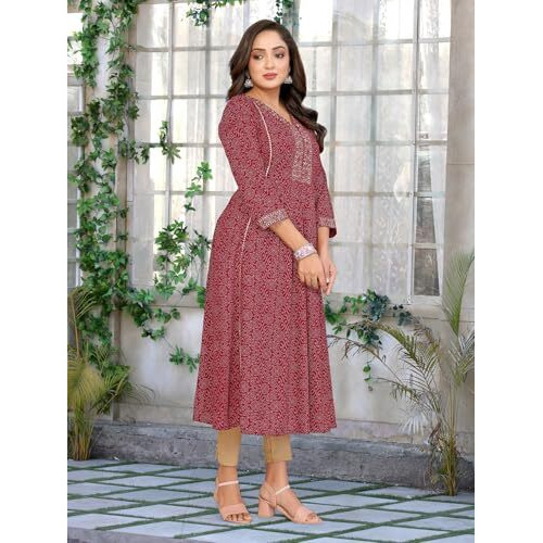Rangita Maroon Rayon Flared Embroidered Calf Length Kurti | Kurta For Women_M