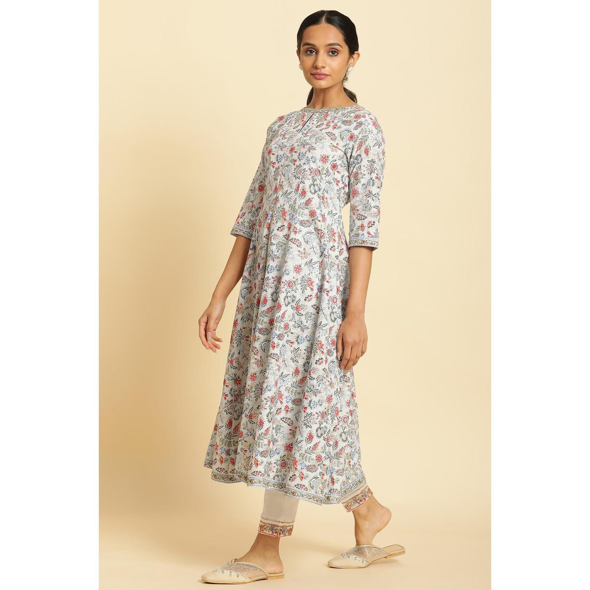 W For Woman Powder Blue Floral Printed Flared Kurta_24Few10164-120964_Xs