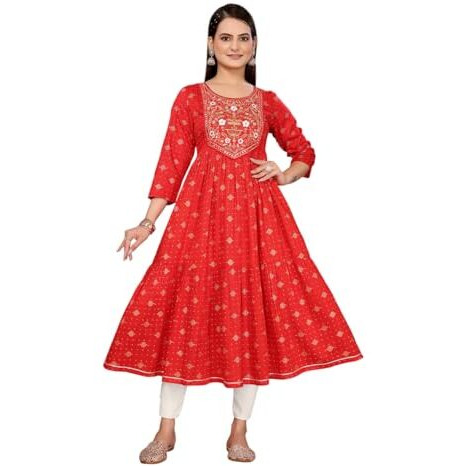 Rangita Red Rayon Anarkali Embroidered Calf Length Kurti | Kurta For Women_L