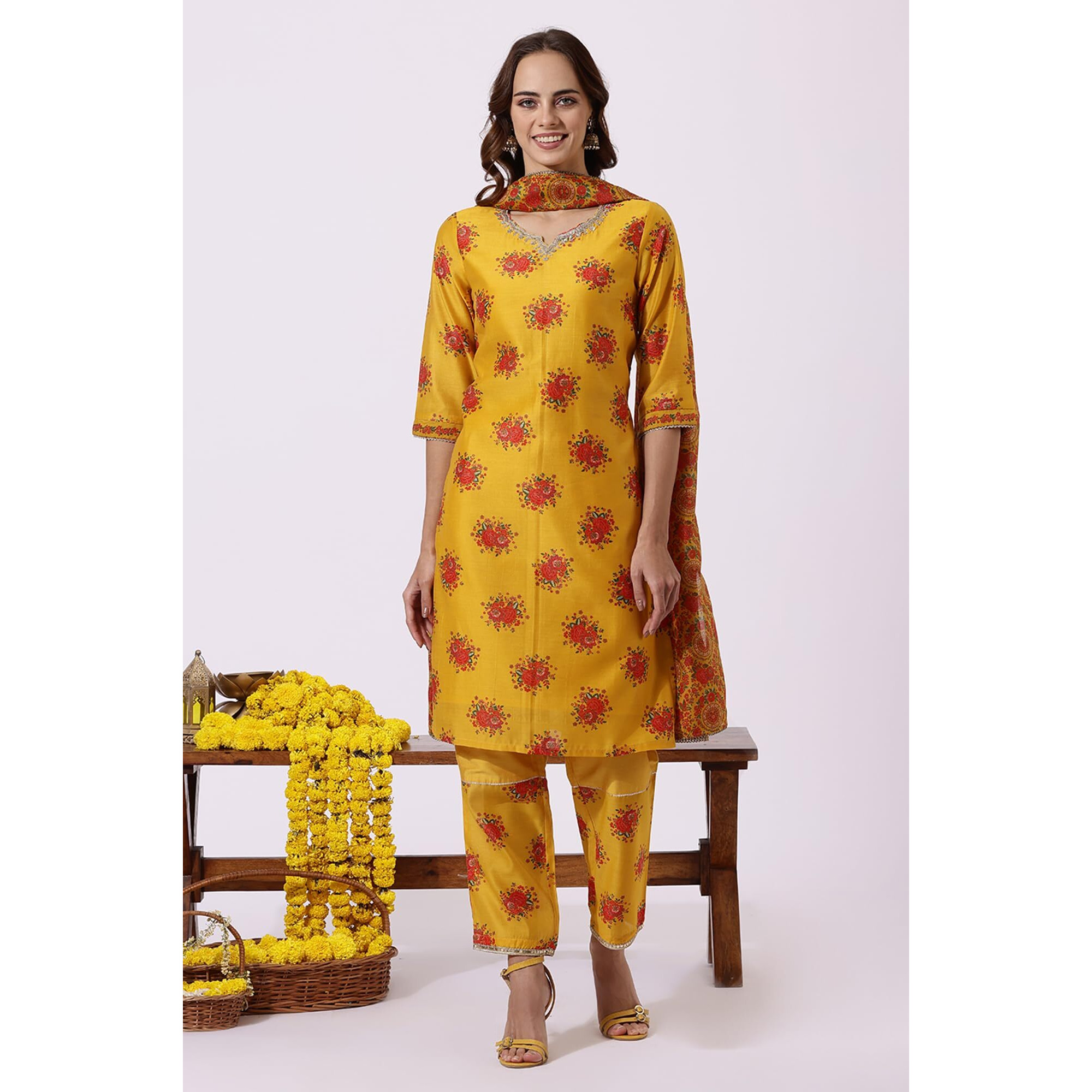 W Yellow Straight Kurta, Straight Pant & Dupatta For Women (Size L)-24Auws11775-124886