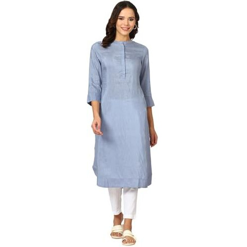 W For Woman Blue Solid Snow Linen Straight Kurta With Beads On Mandarin Collar (Size M)-24Auw12054-222784