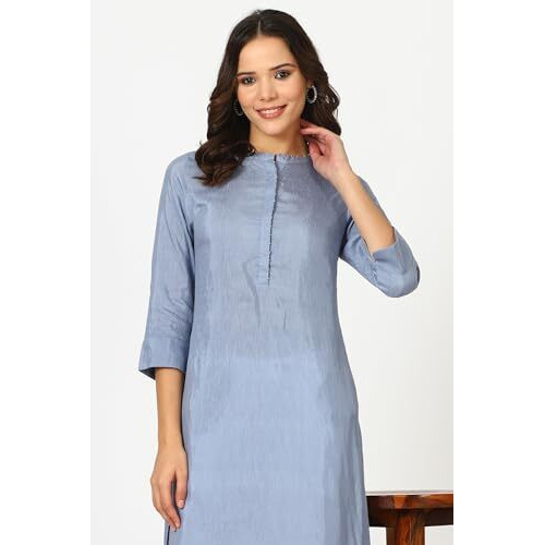 W For Woman Blue Solid Snow Linen Straight Kurta With Beads On Mandarin Collar (Size M)-24Auw12054-222784