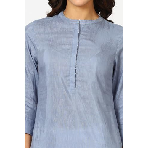 W For Woman Blue Solid Snow Linen Straight Kurta With Beads On Mandarin Collar (Size S)-24Auw12054-222784