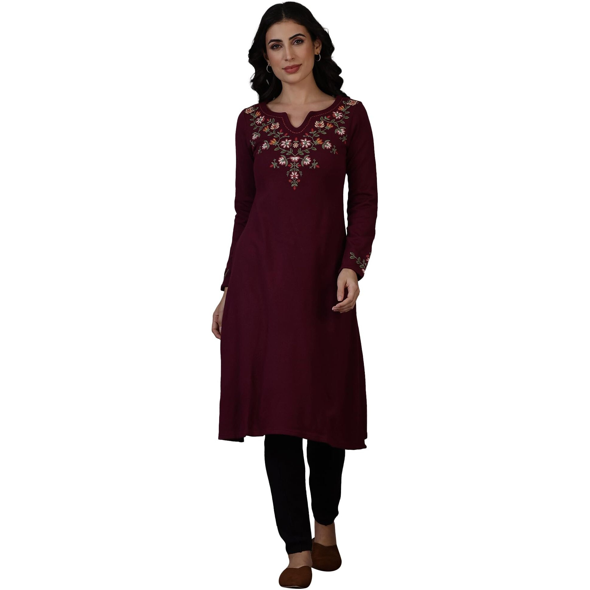 W For Woman Purple Solid Thread Work Acrylic A-Line Kurta (Size M)-24Now11960-222655