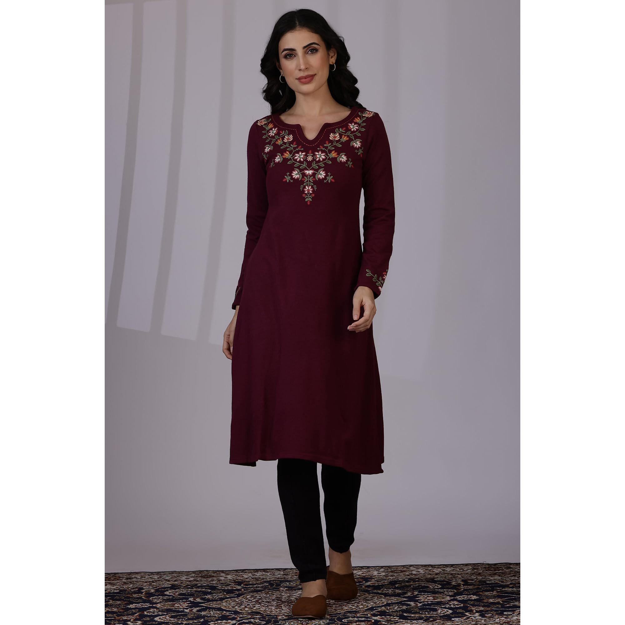 W For Woman Purple Solid Thread Work Acrylic A-Line Kurta (Size M)-24Now11960-222655