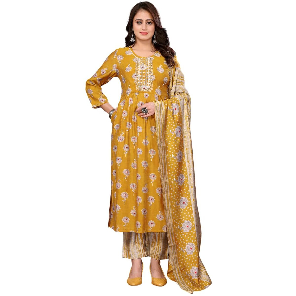 Rangita Mustard Chanderi Embroidered Nayra Style Calf Length Kurta With Pant And Dupatta | Kurta Set For Women_Xl