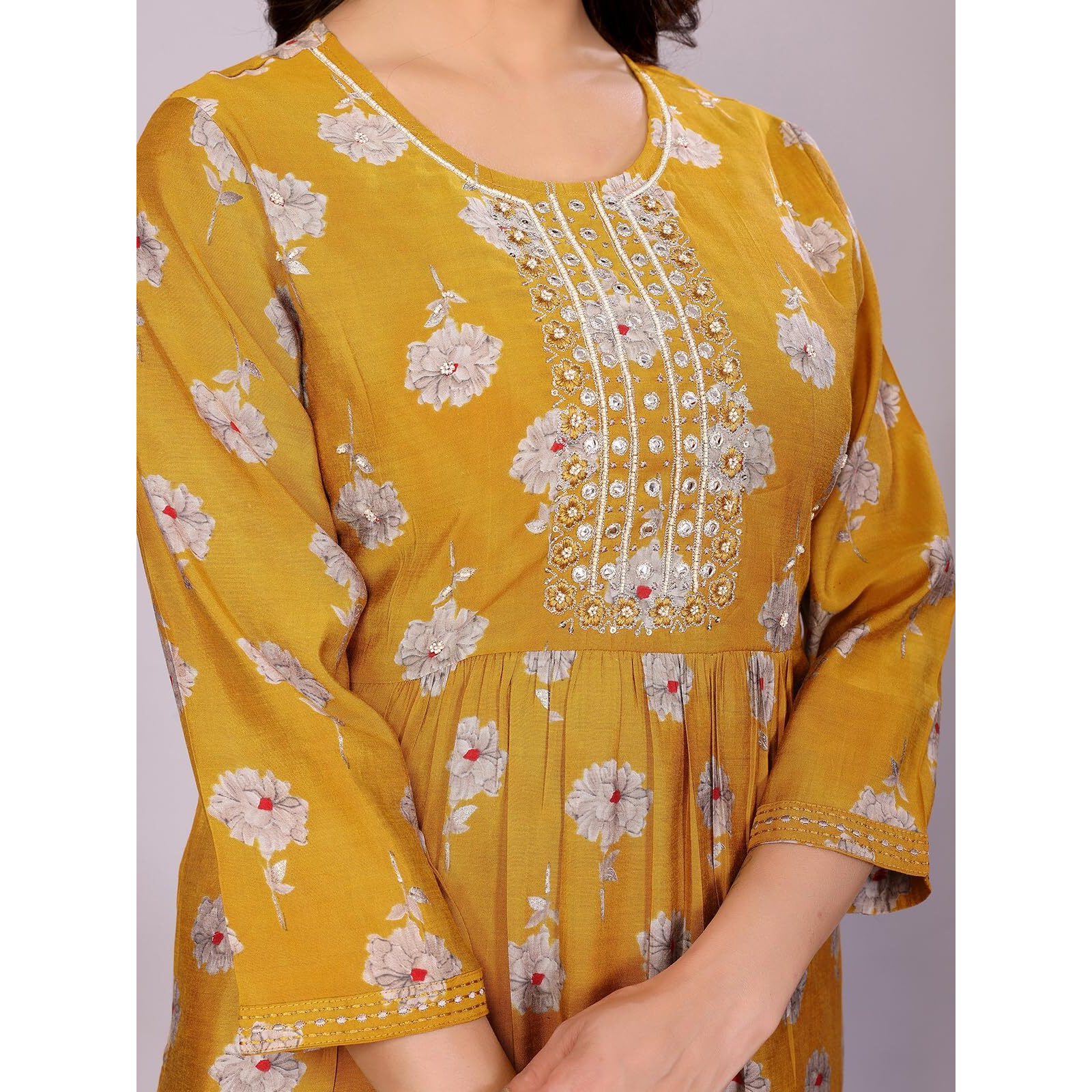 Rangita Mustard Chanderi Embroidered Nayra Style Calf Length Kurta With Pant And Dupatta | Kurta Set For Women_Xl