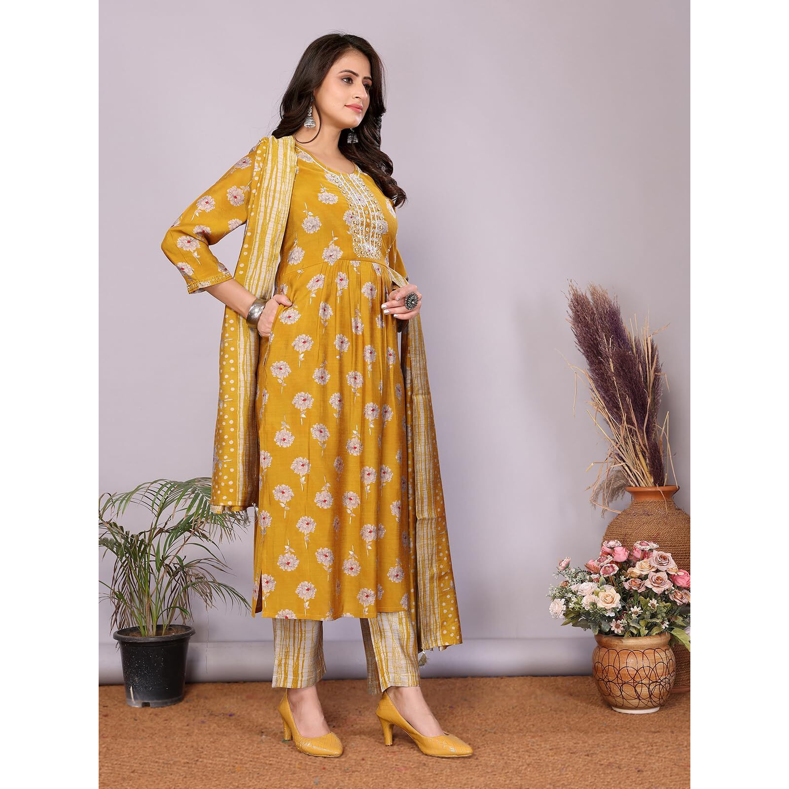 Rangita Mustard Chanderi Embroidered Nayra Style Calf Length Kurta With Pant And Dupatta | Kurta Set For Women_Xl