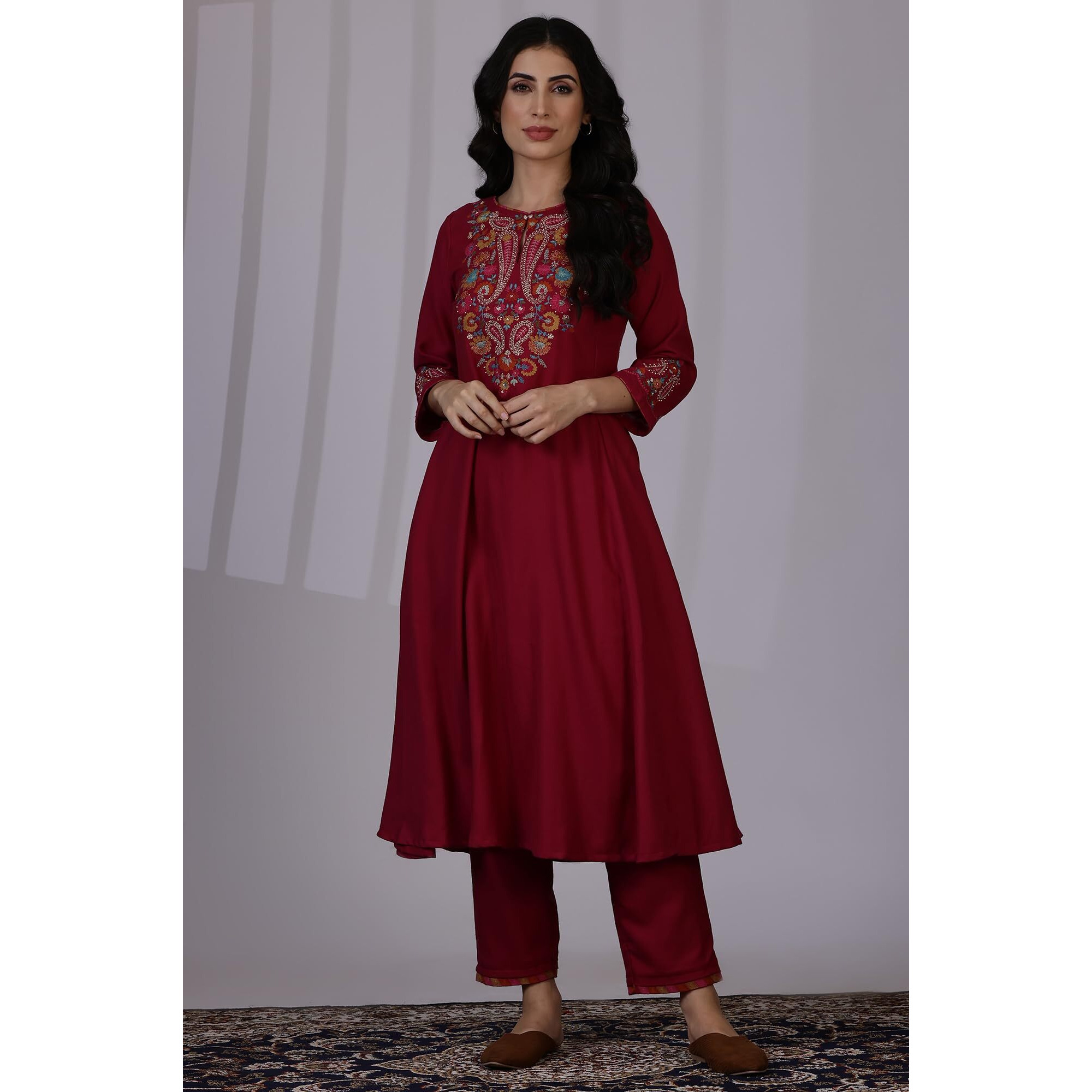 W Maroon A-Line Kurta & Straight Pant For Women (Size S)-24Nows12049-222692