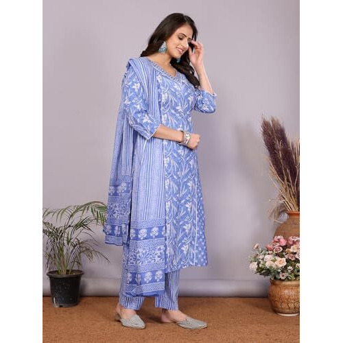 Rangita Blue Cotton Embroidered Straight Calf Length Kurta With Pant And Dupatta | Kurta Set For Women_S