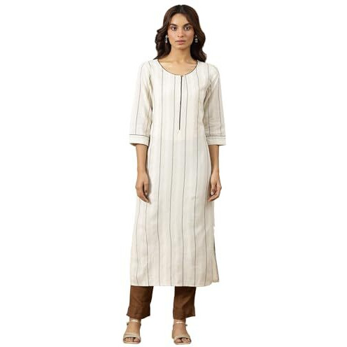 Aurelia Womens Striped Straight Cotton Blend Kurta | Lightweight Round Neck Kurta For Women Cotton | Yarn Dyed Kurta For Women | Soft & Breathable Regular Fit Kurta For Women Cream