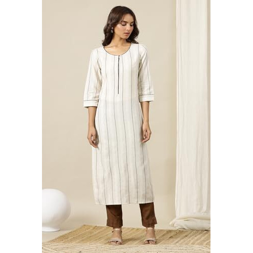Aurelia Womens Striped Straight Cotton Blend Kurta | Lightweight Round Neck Kurta For Women Cotton | Yarn Dyed Kurta For Women | Soft & Breathable Regular Fit Kurta For Women Cream