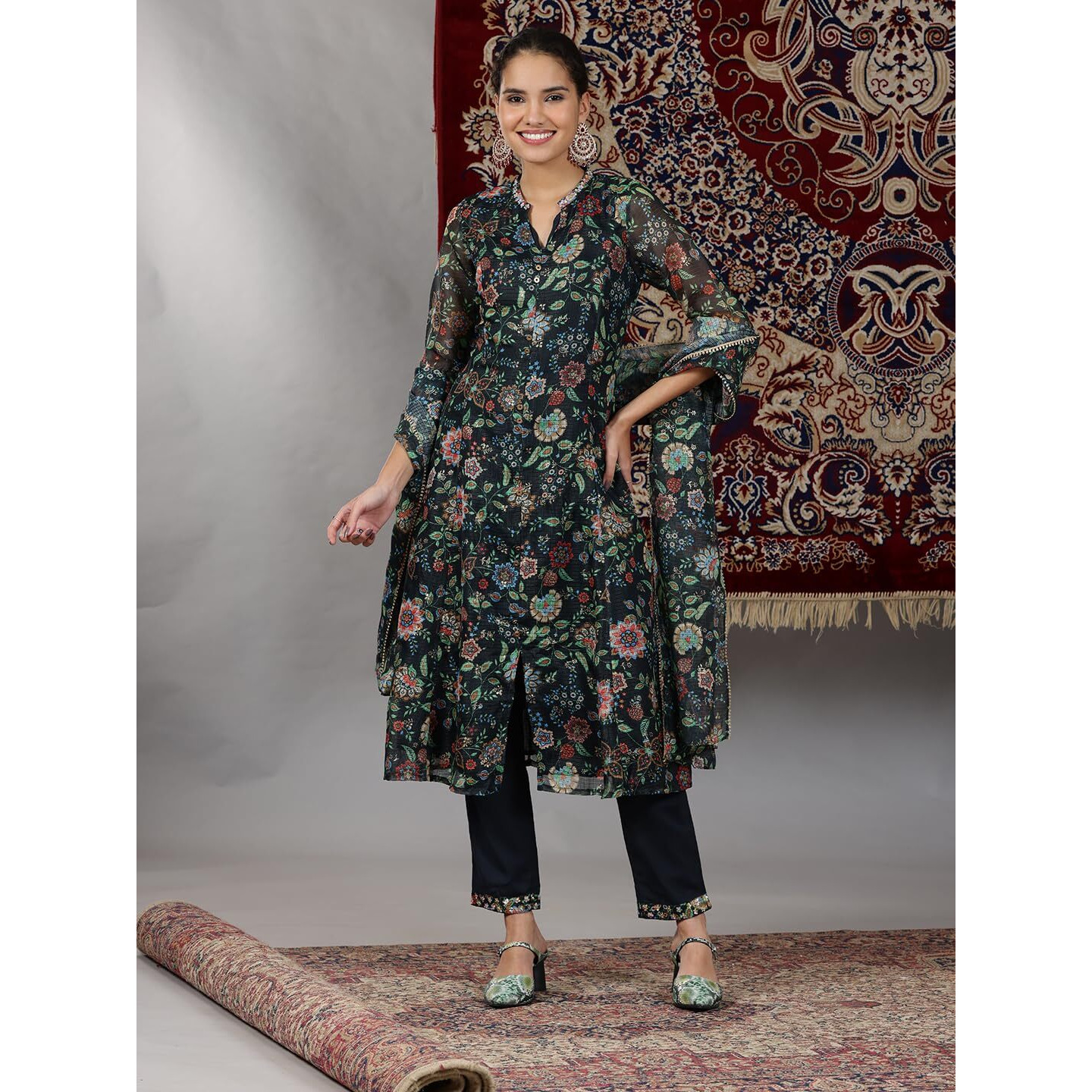 Aurelia Womens Floral Printed Flared Kurta Set With Palazzos And Dupatta For Women