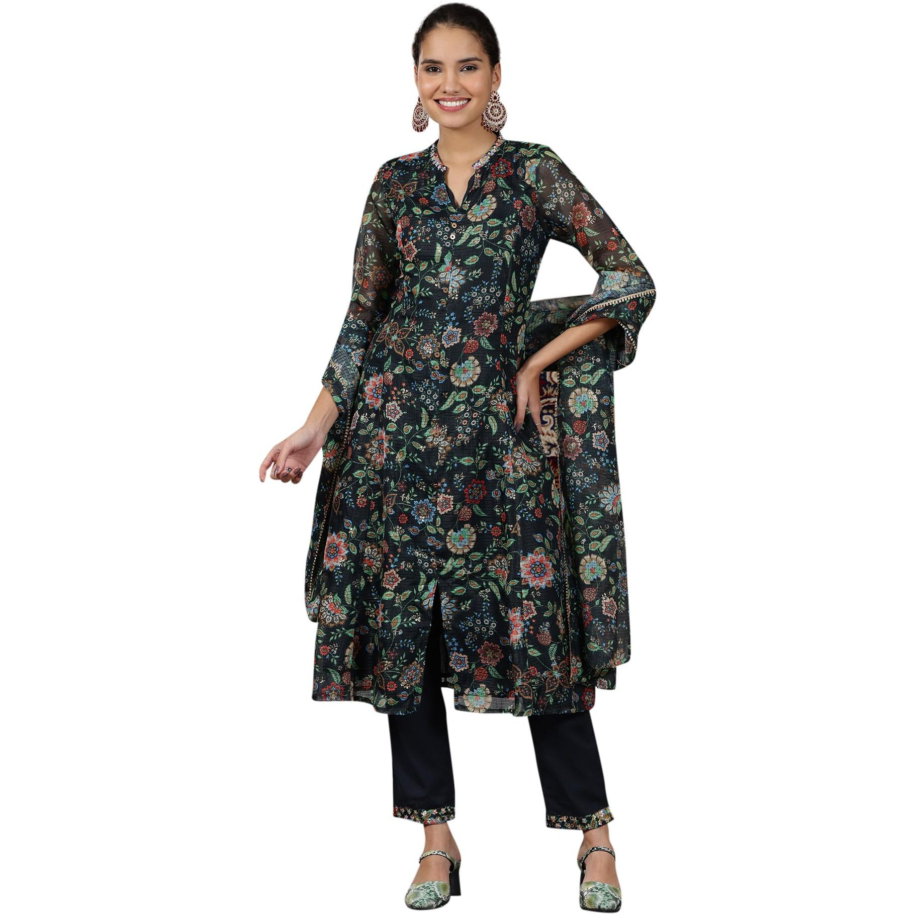 Aurelia Womens Floral Printed Flared Kurta Set With Palazzos And Dupatta For Women