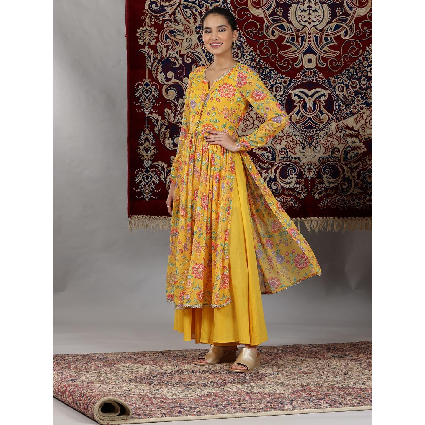 Aurelia Womens Floral Printed Flared Kurta Set With Palazzos And Dupatta For Women