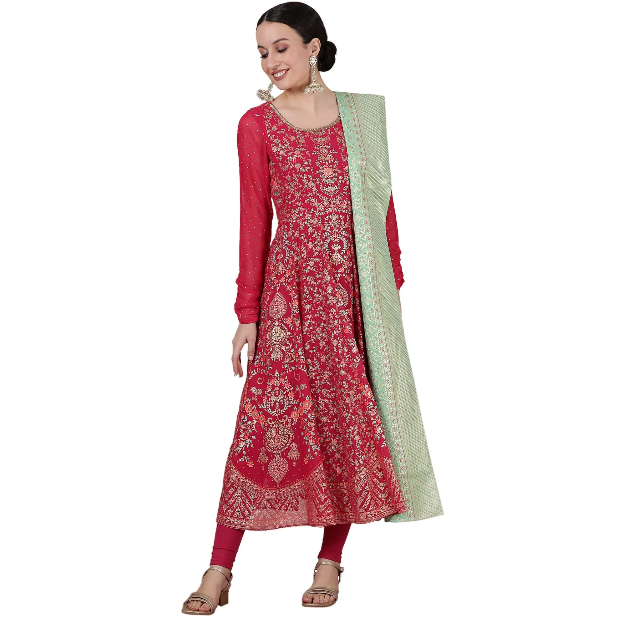 Aurelia Womens Abstract Printed Flared Kurta Set With Tights And Dupatta For Women