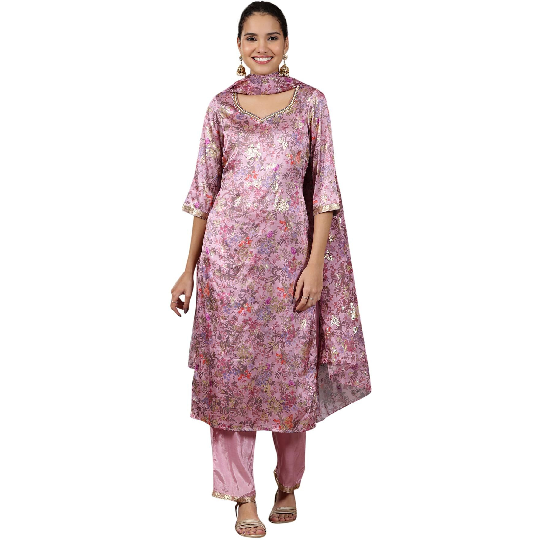 Aurelia Womens Floral Printed Straight Kurta Set With Palazzos And Dupatta For Women