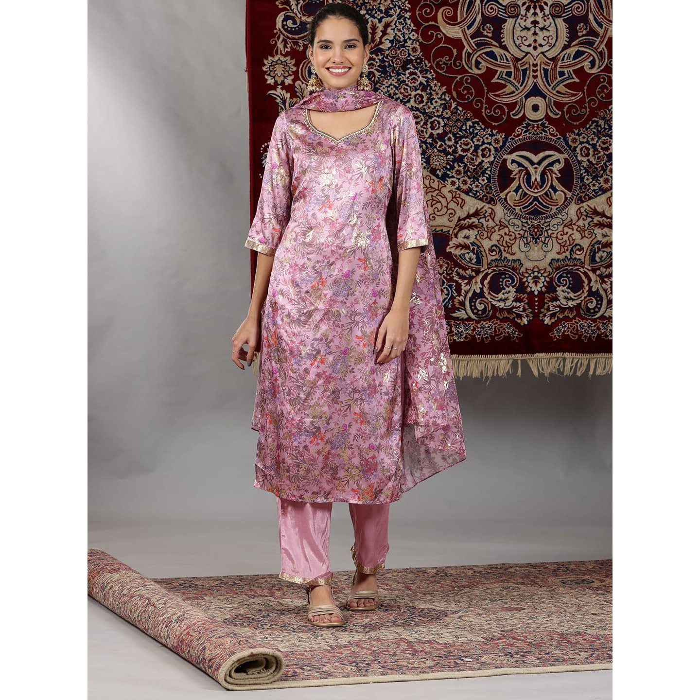 Aurelia Womens Floral Printed Straight Kurta Set With Palazzos And Dupatta For Women