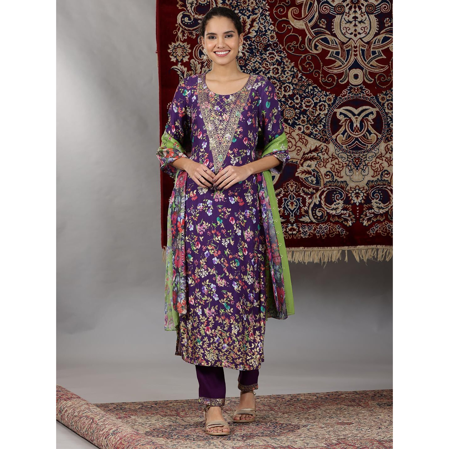 Aurelia Womens Floral Printed Straight Kurta Set With Trousers And Dupatta For Women