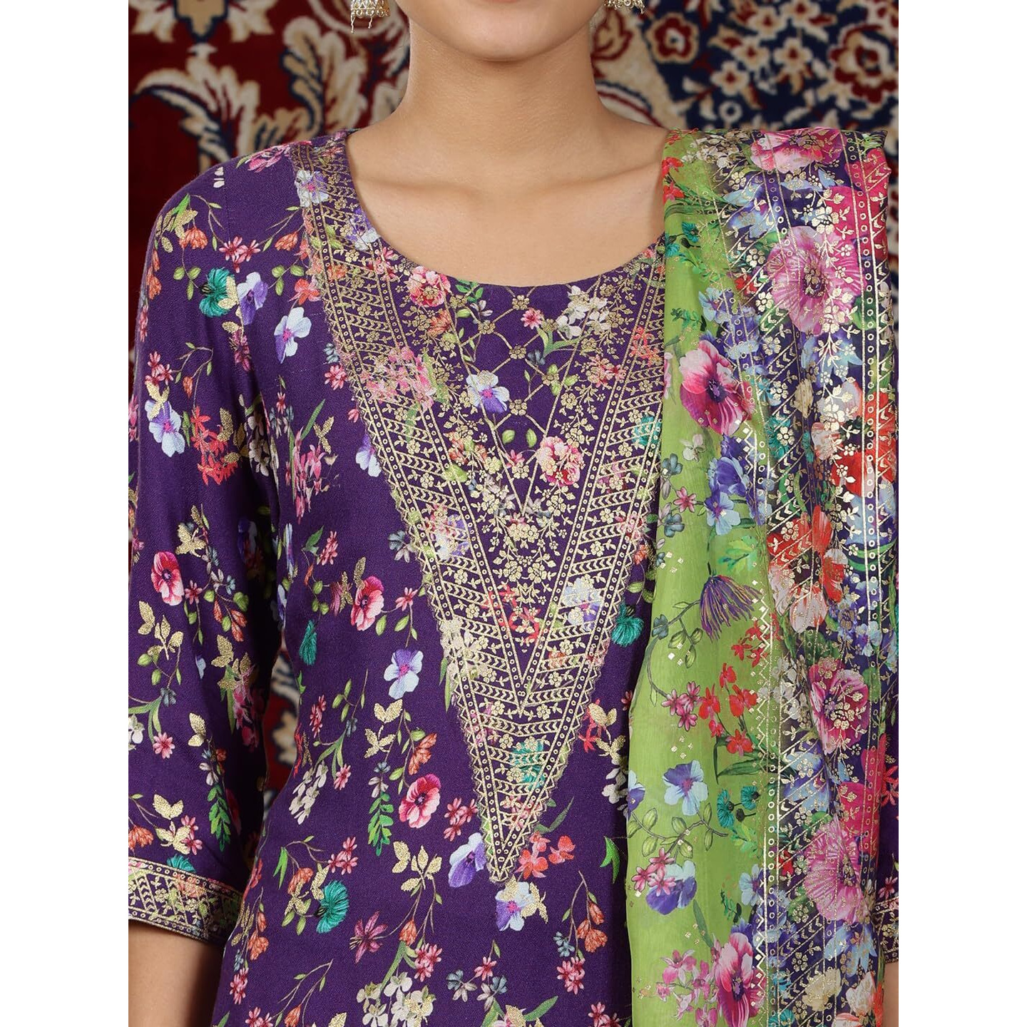 Aurelia Womens Floral Printed Straight Kurta Set With Trousers And Dupatta For Women