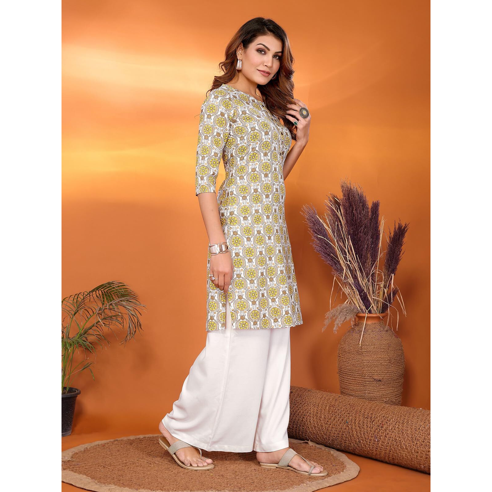 Rangita Off White Rayon Straight Printed Knee Length Kurti | Kurta For Women_L