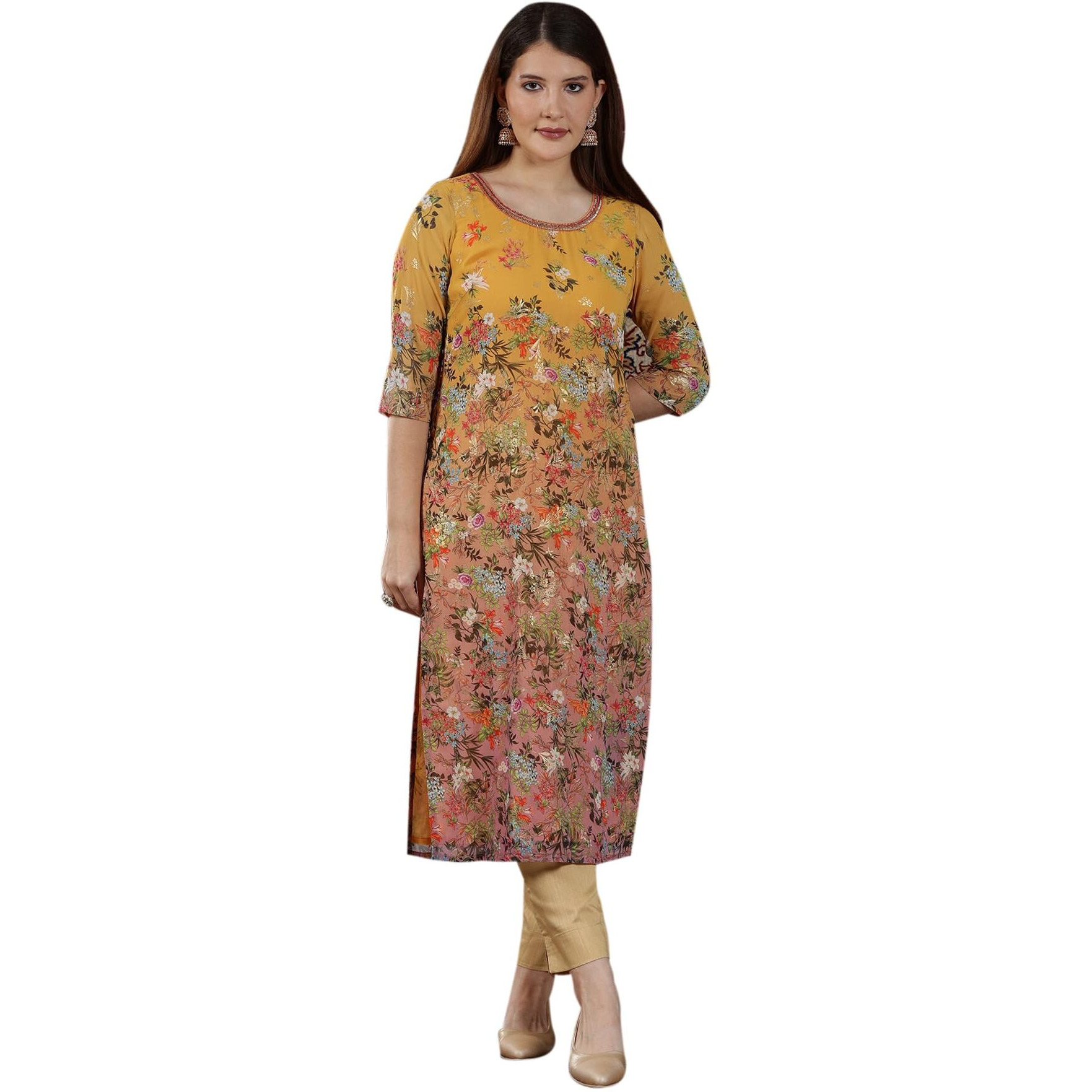 Aurelia Womens Floral Printed Straight Kurta | Lightweight Round Neck Kurta For Women | Printed Kurta For Women | Beautiful Regular Fit Kurta For Women Multicolour