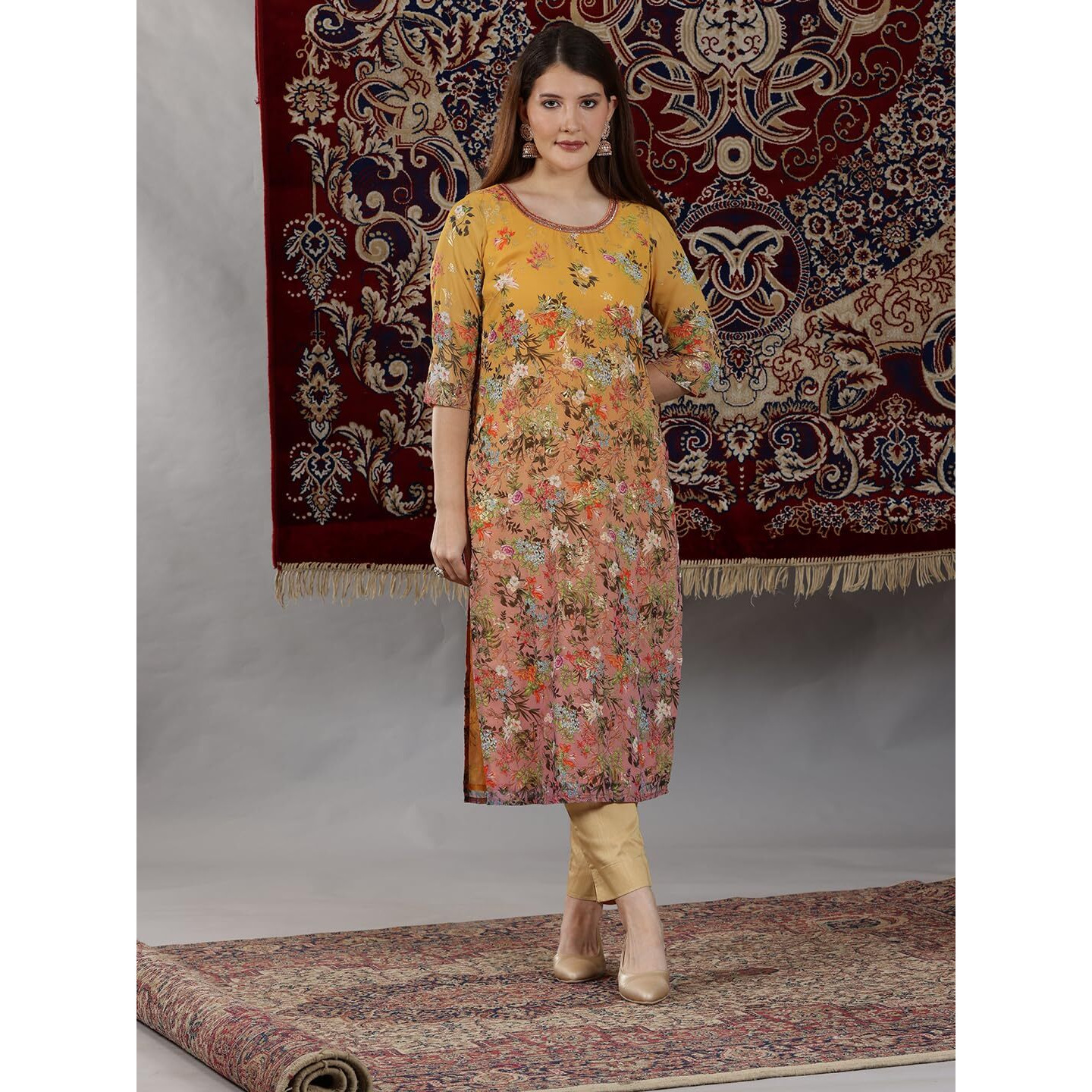 Aurelia Womens Floral Printed Straight Kurta | Lightweight Round Neck Kurta For Women | Printed Kurta For Women | Beautiful Regular Fit Kurta For Women Multicolour