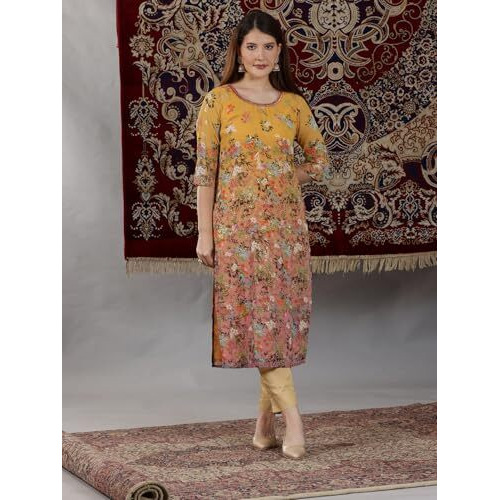 Aurelia Womens Floral Printed Straight Kurta | Lightweight Round Neck Kurta For Women | Printed Kurta For Women | Beautiful Regular Fit Kurta For Women Multicolour