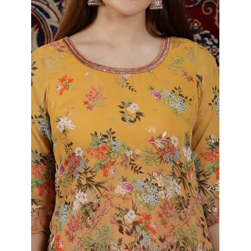 Aurelia Womens Floral Printed Straight Kurta | Lightweight Round Neck Kurta For Women | Printed Kurta For Women | Beautiful Regular Fit Kurta For Women Multicolour