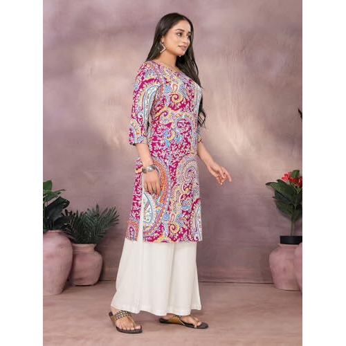 Rangita Pink Rayon Straight Printed Knee Length Kurti | Kurta For Women_2Xl
