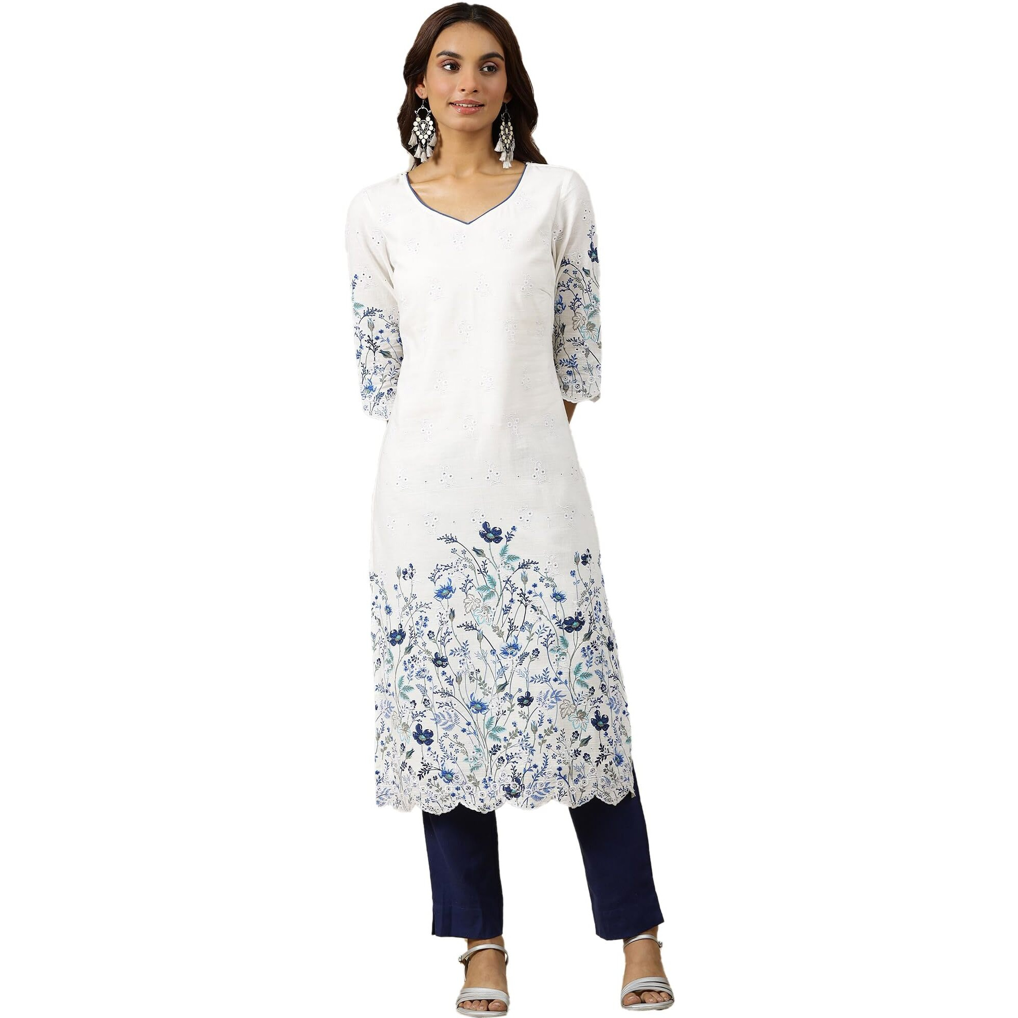 Aurelia Womens Floral Printed Straight Kurta | Sweetheart Neck Kurta For Women | Printed Kurta For Women | Beautiful Regular Fit Kurta For Women White