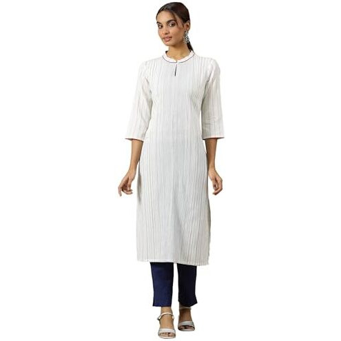Aurelia Womens Geometric Printed Straight Pure Cotton Kurta | Lightweight Mandarin Collar Kurta For Women Cotton | Yarn Dyed Kurta For Women | Soft & Breathable Regular Fit Kurta For Women White