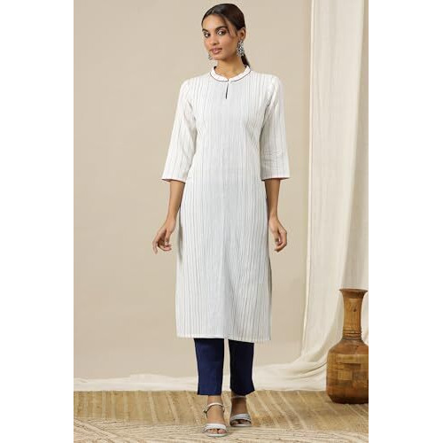 Aurelia Womens Geometric Printed Straight Pure Cotton Kurta | Lightweight Mandarin Collar Kurta For Women Cotton | Yarn Dyed Kurta For Women | Soft & Breathable Regular Fit Kurta For Women White