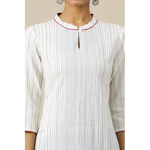Aurelia Womens Geometric Printed Straight Pure Cotton Kurta | Lightweight Mandarin Collar Kurta For Women Cotton | Yarn Dyed Kurta For Women | Soft & Breathable Regular Fit Kurta For Women White