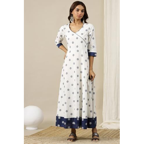 White Yarn Dyed Pure Cotton Mock Angrakha Flared Dress (Size L)-24Aua15255-704968