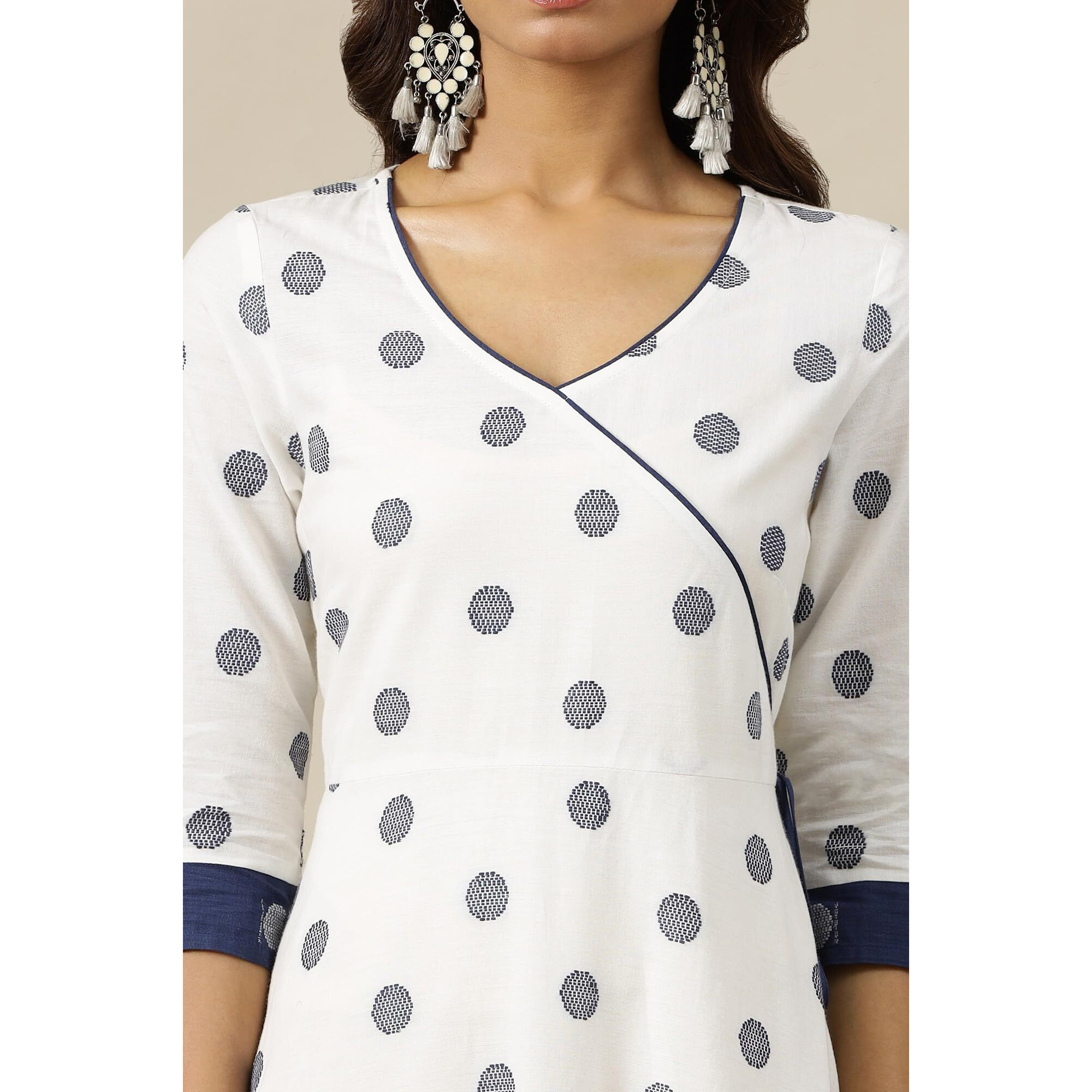 White Yarn Dyed Pure Cotton Mock Angrakha Flared Dress (Size 2Xl)-24Aua15255-704968