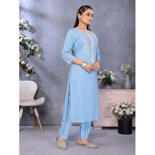 Rangita Blue Rayon Embroidered Straight Calf Length Kurta With Pant | Kurta Set For Women_Xl