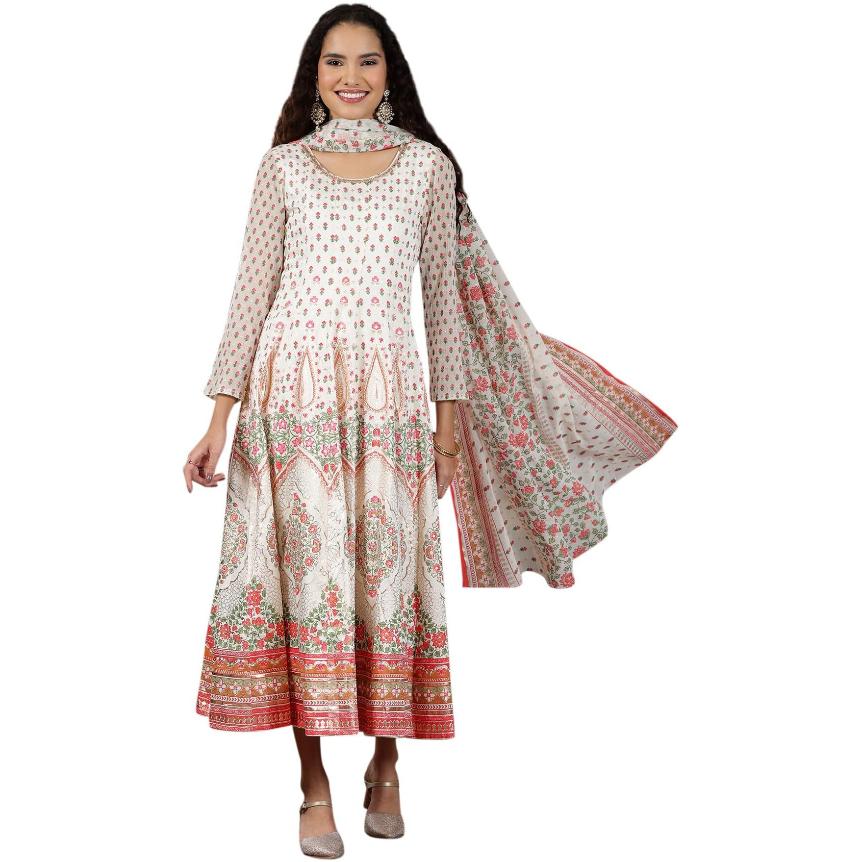 Aurelia Women's White Floral Printed Flared Anarkali Dress And Dupatta Set