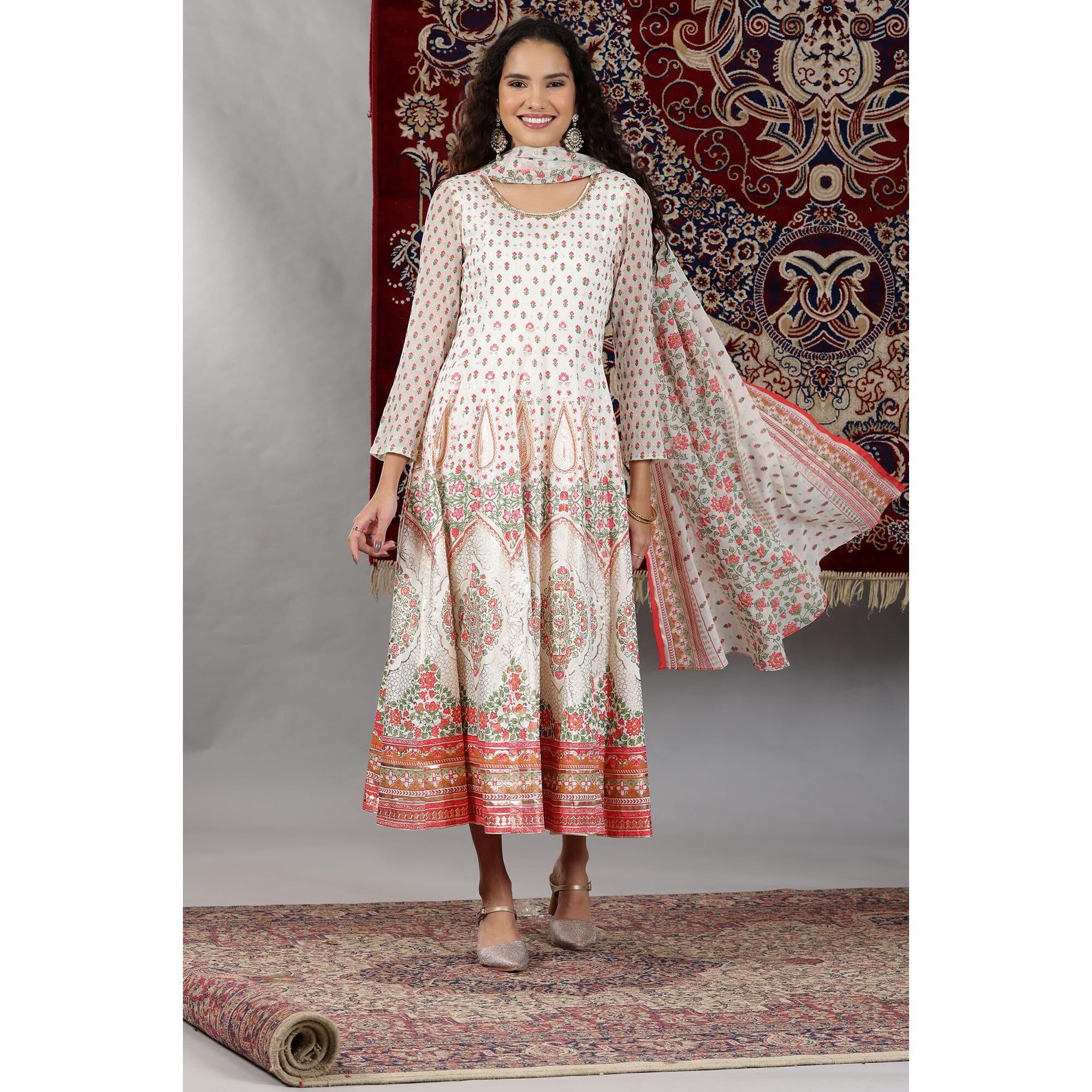 Aurelia Women's White Floral Printed Flared Anarkali Dress And Dupatta Set