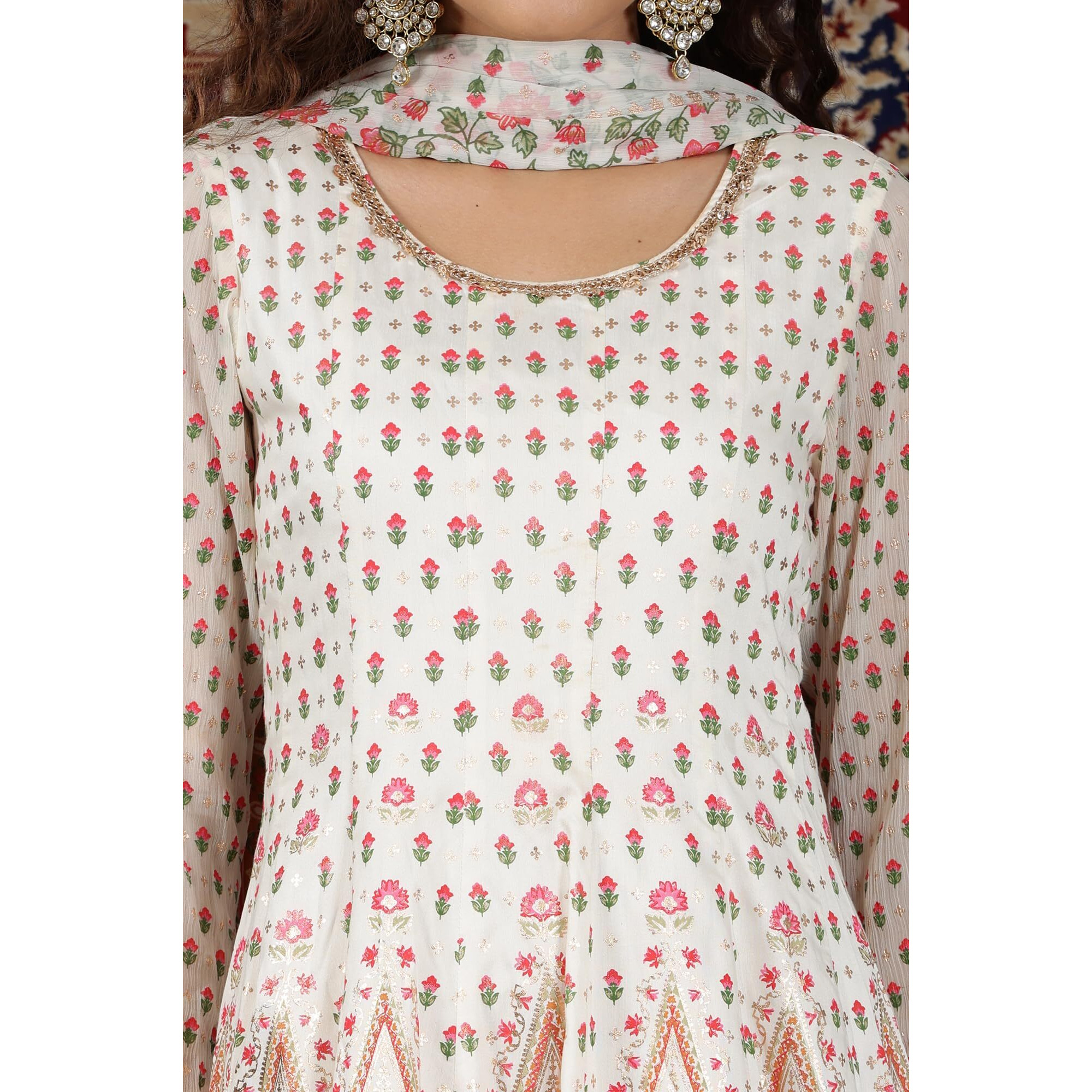 Aurelia Women's White Floral Printed Flared Anarkali Dress And Dupatta Set