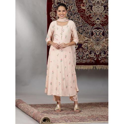 Aurelia Womens Floral Printed Flared Kurta Set With Palazzos And Dupatta For Women